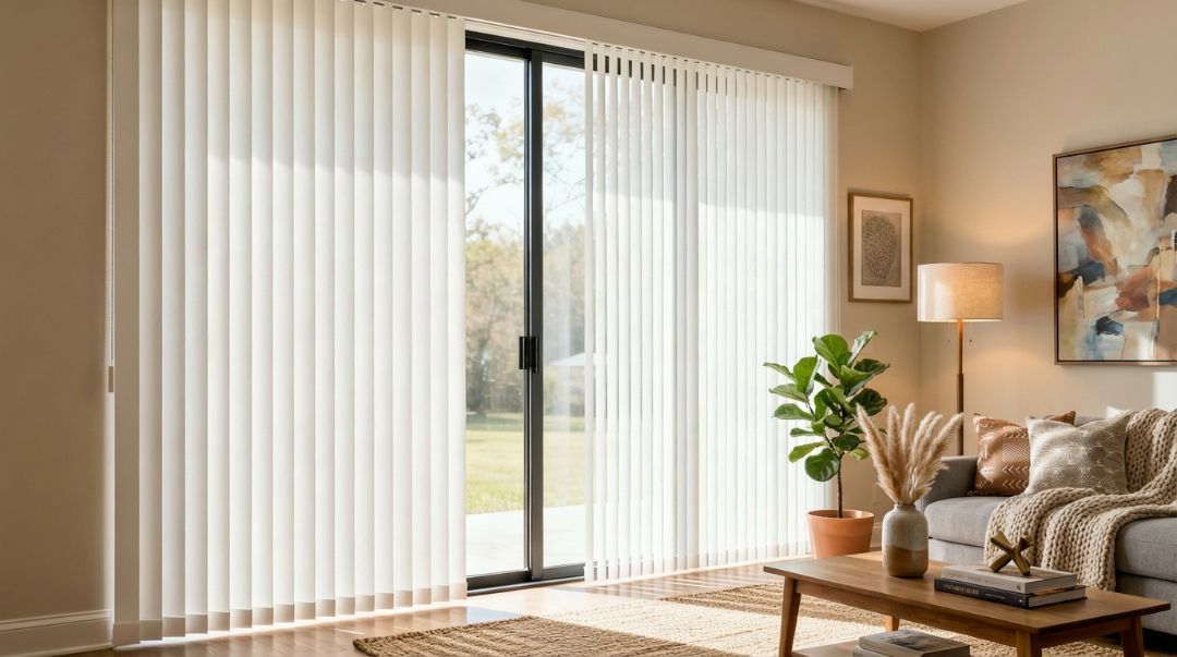 Low-maintenance vertical blinds in a Missouri home, showing easy-care materials that stay clean while providing everyday light control by Love is Blinds.