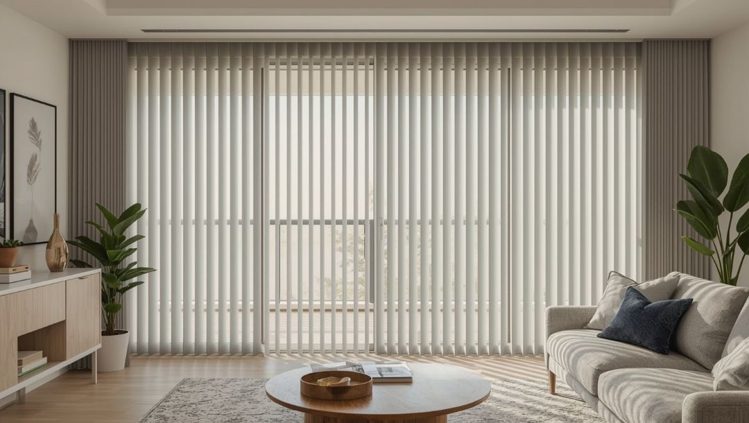 Sleek vertical blinds in a Missouri home, showcasing a modern window treatment design with clean lines and practical light control by Love is Blinds.