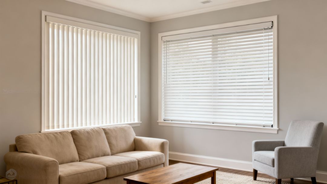 Vertical and horizontal blinds displayed in a Missouri home interior, showing how each style functions in real living spaces by Love is Blinds.