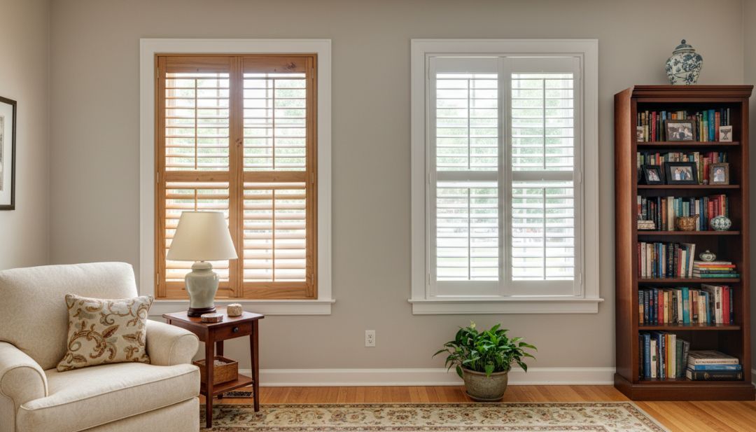 Real wood and composite plantation shutter materials shown in a Missouri home interior, highlighting construction differences by Love is Blinds.
