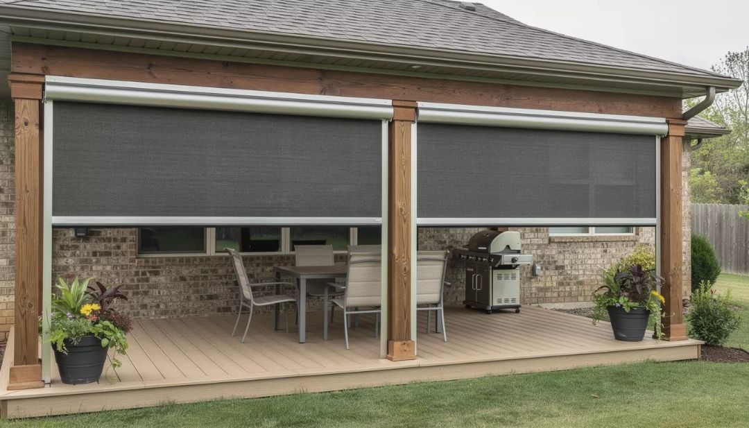 Weather-resistant blinds installed on a Missouri patio, showing durable materials and construction used by Love is Blinds.