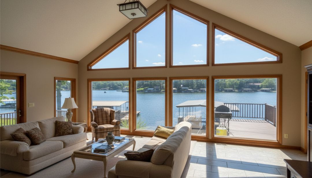 Uncovered triangle windows showing glare and angle challenges that Love is Blinds solves with custom solutions.