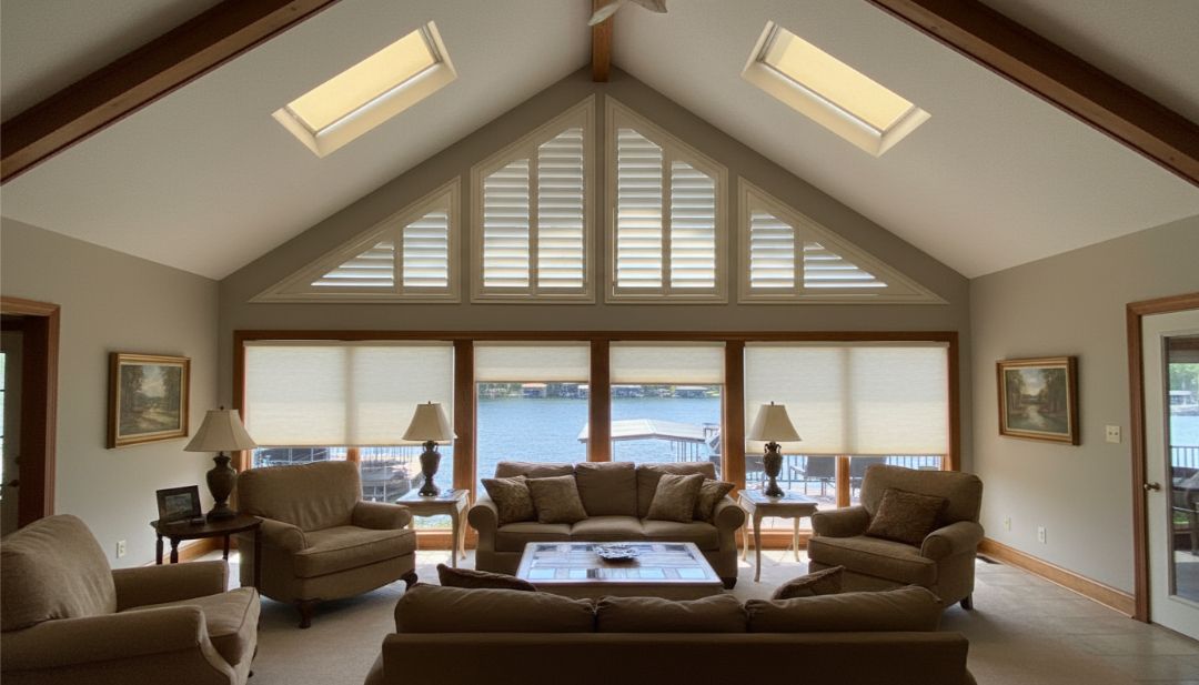 Custom window treatments on triangle windows and skylights in a Missouri home, showing precision solutions by Love is Blinds.