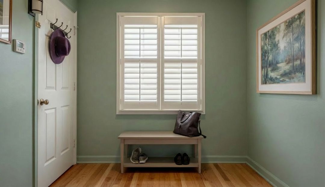Composite wood plantation shutters in a Missouri home, highlighting durability and practicality for everyday spaces by Love is Blinds.