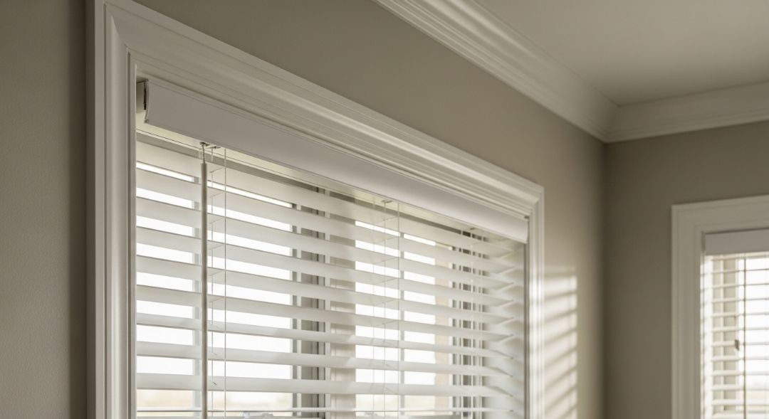 Modern window blinds with hidden brackets installed cleanly inside a Missouri home, showing a sleek low-profile design.