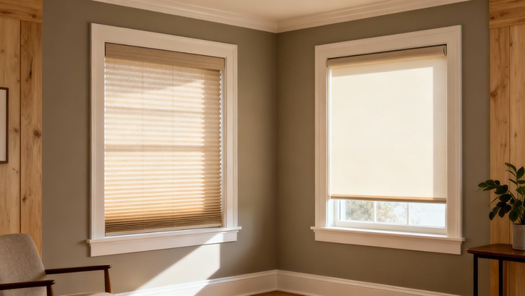 Cellular and roller shades in a Missouri home interior, illustrating different light and privacy trade-offs to help guide informed choices by Love is Blinds.