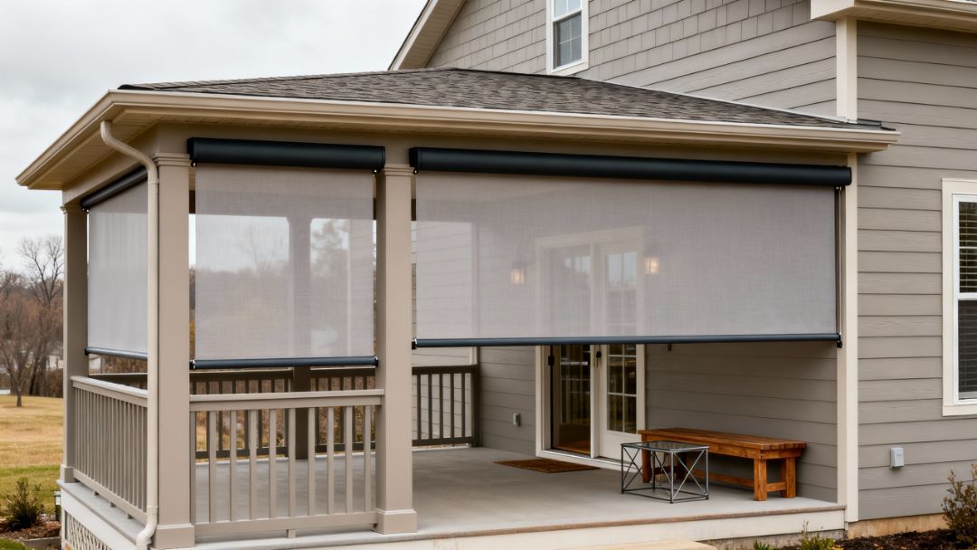 Wind- and rain-resistant porch blinds installed on a Missouri home, designed to protect outdoor spaces by Love is Blinds.