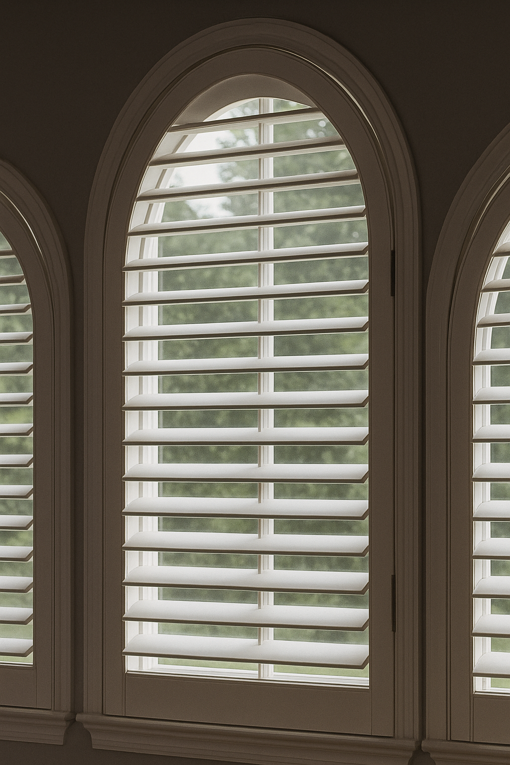 Love is Blinds St. Louis: There are three arched windows with white blinds on them.