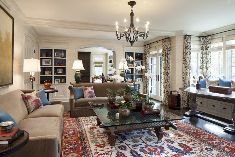 A living room with a couch and a coffee table