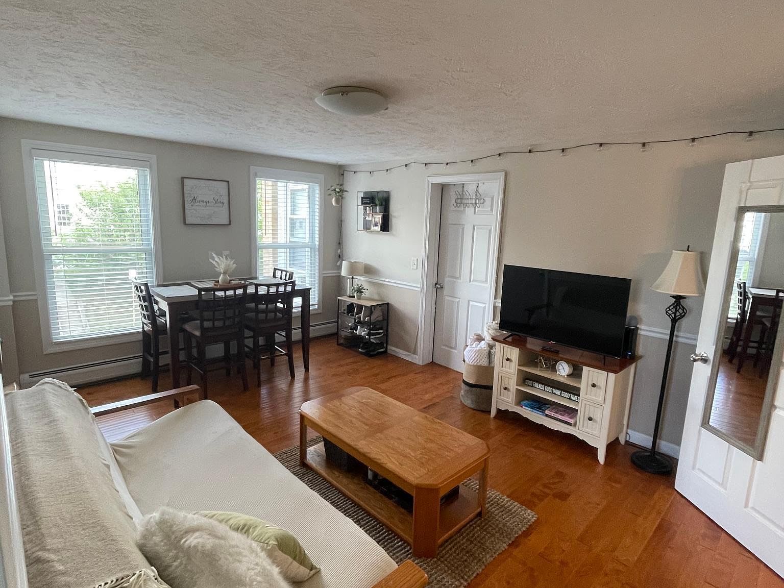 Living room with light-colored walls, hardwood floors, and a futon, TV, dining table, and windows.