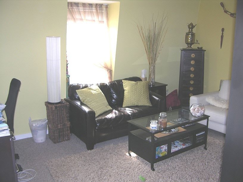 Living room with black leather sofa, coffee table, and tall cabinet against pale green walls.