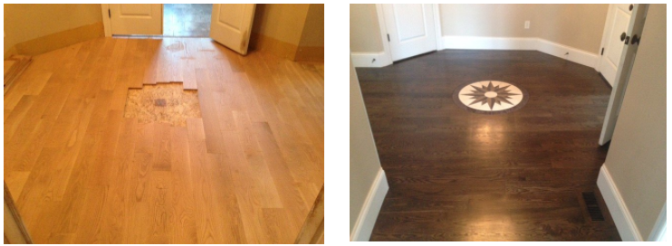before and after view of a wooden floor