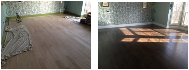 before and after view of wooden flooring