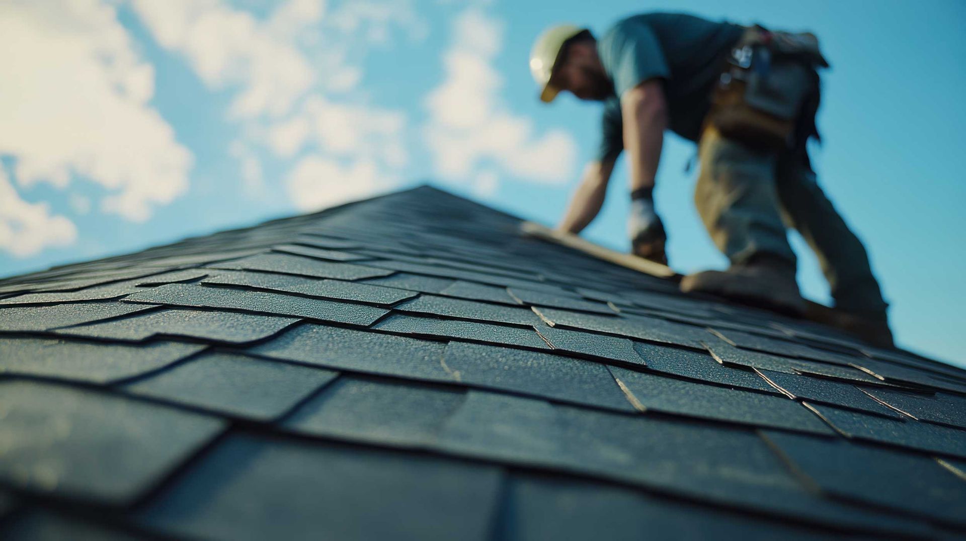 Low-angle view of a contractor providing professional roofing services on a dark shingle rooftop.