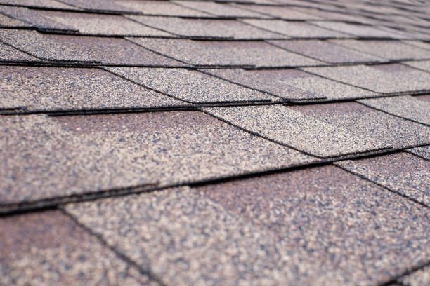 Closeup of asphalt roofing shingles on roof, representing Roofing contractor services.