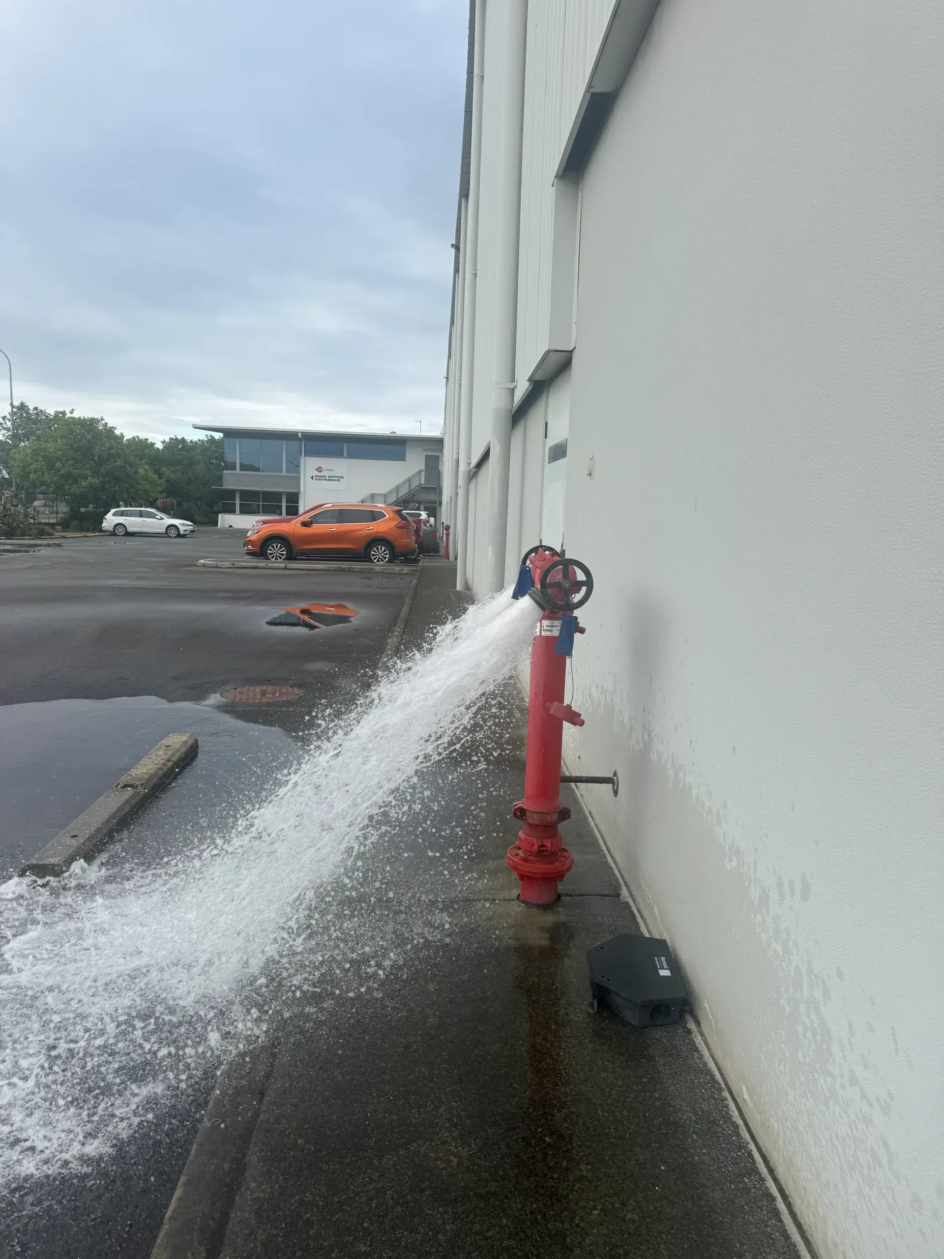 A fire hydrant gushes water onto a black asphalt surface beside a white building under a cloudy sky.  — Commercial Leak Detection