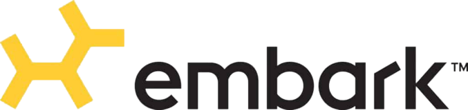 A logo for embark with a yellow star in the middle