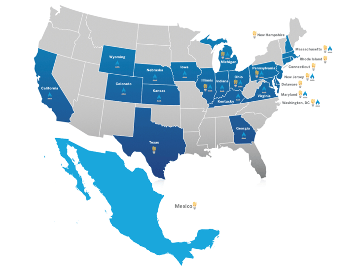 Areas We Serve - Texas, Ohio, Mexico, New Hampshire, Massachusetts, Rhode Island, Connecticut, New Jersey, Delaware, California, Maryland, Washington, DC, Virginia, Pennsylvania, Indiana,, Illinois, Michigan, Georgia, Iowa, Nebraska, Kansas, Wyoming, Colorado