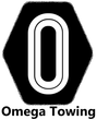 Black hexagon logo with a white oval inside, text "Omega Towing" below.