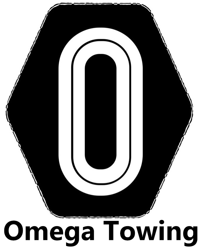 Black hexagon logo with a white oval inside, text "Omega Towing" below.