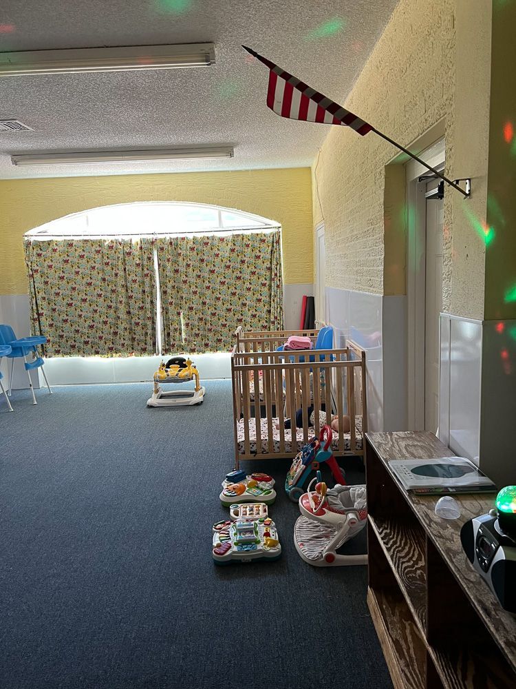 A room with a crib and a flag on the wall.