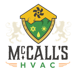 A logo for McCall's HVAC featuring a shield with a fan, sun, snowflake, and droplet icon, flanked by two lion silhouettes.