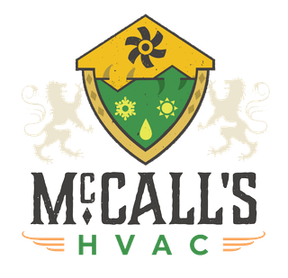 A logo for McCall's HVAC featuring a shield with a fan, sun, snowflake, and droplet icon, flanked by two lion silhouettes.