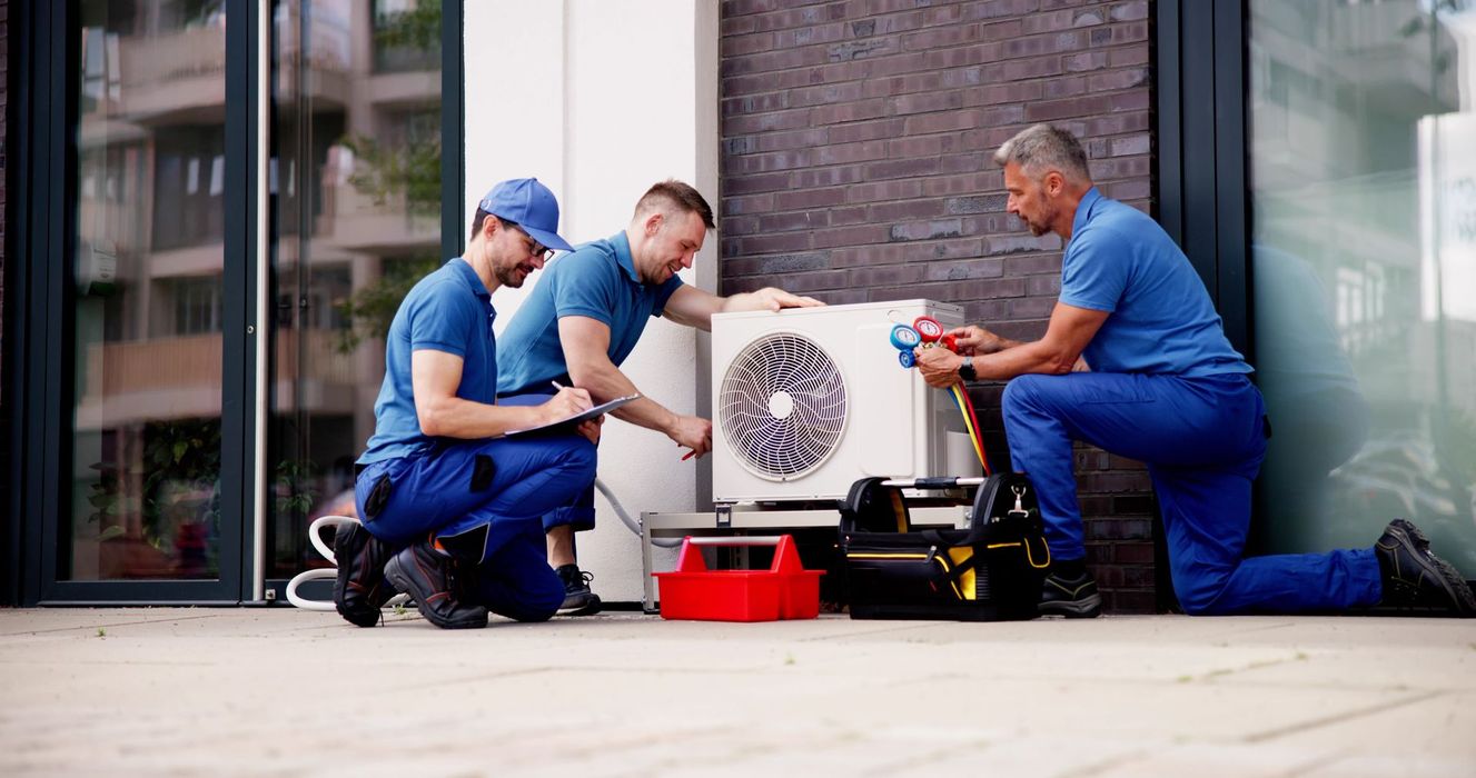Three technicians in blue uniforms work together to repair an outdoor air conditioning unit.