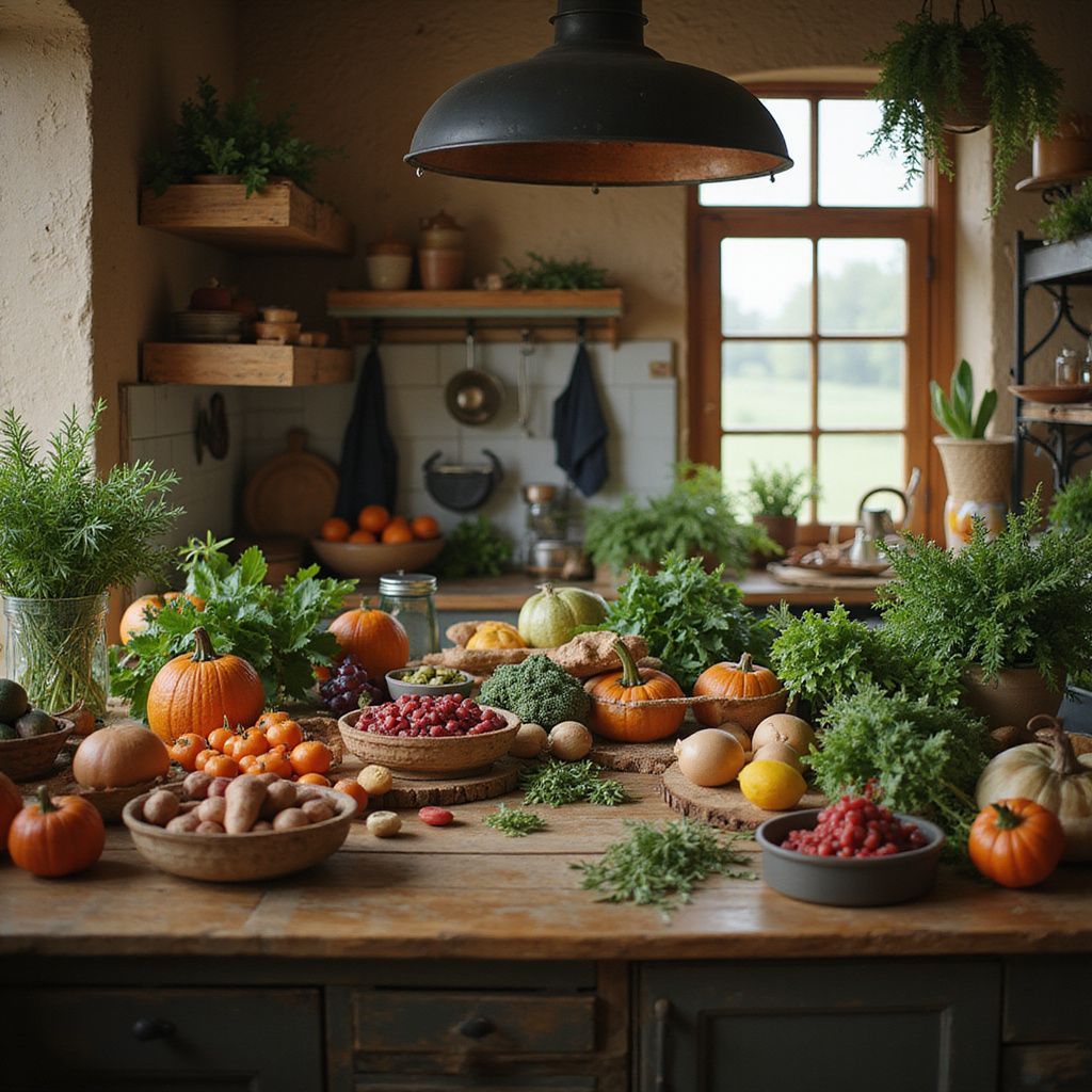 A rustic kitchen table laden with pumpkins, vegetables, and herbs. Window in the background.