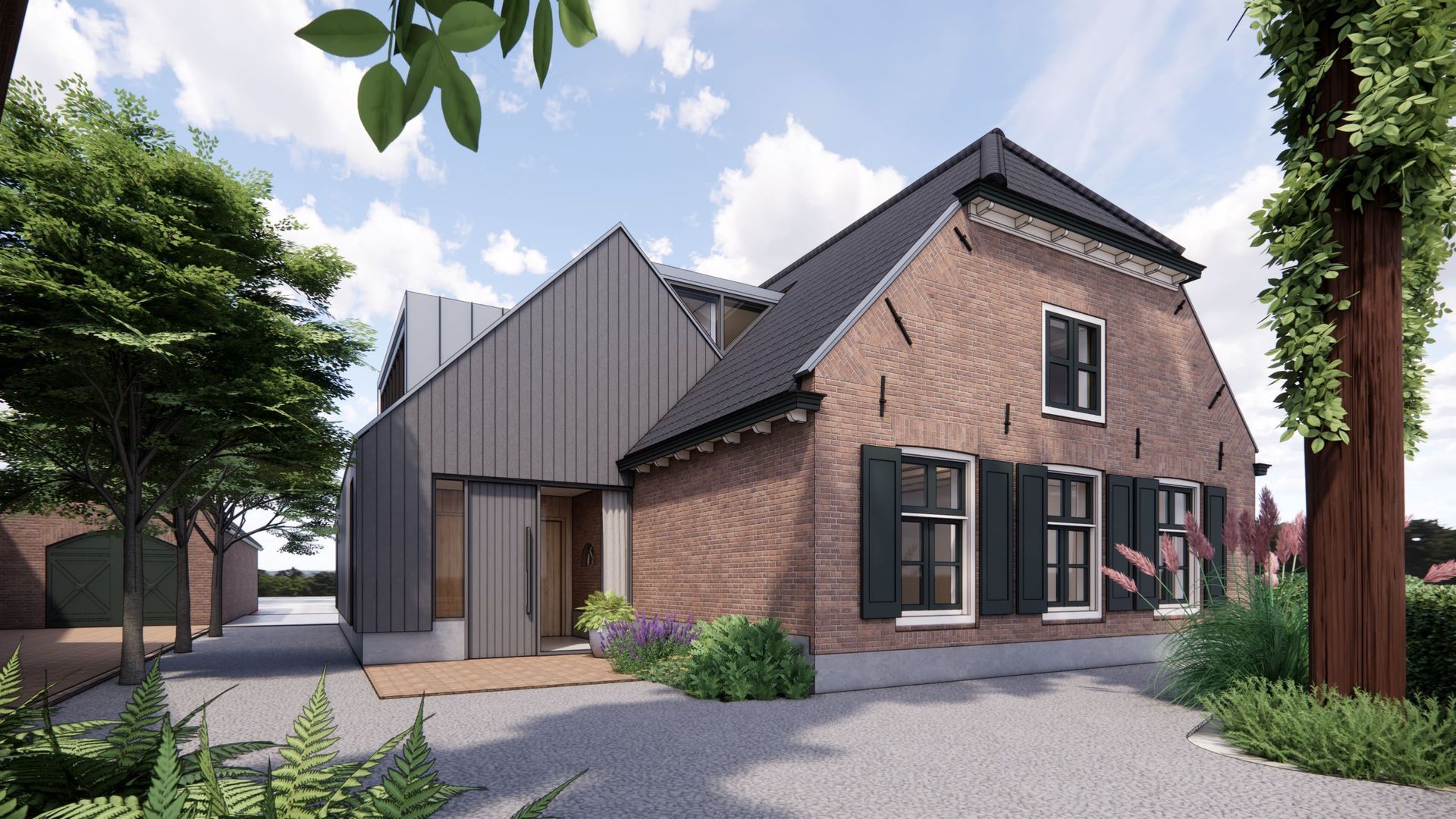 Exterieur van een moderne 2-laags aanbouw met houten gevel en zinken dak aan een oude boerderij.