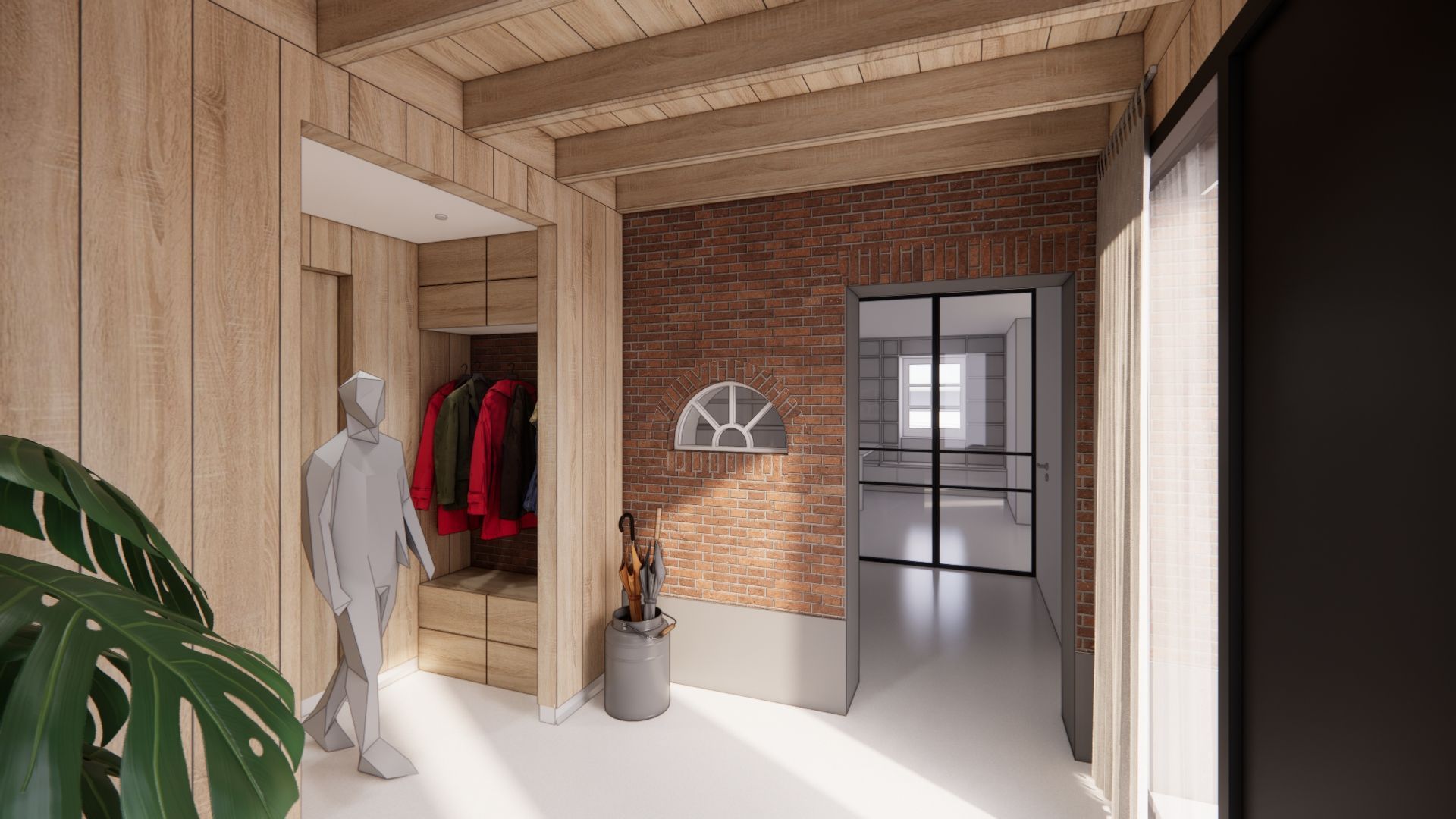 Exterieur van een moderne aanbouw met grote glaspartij, houten gevel en zinken dak.