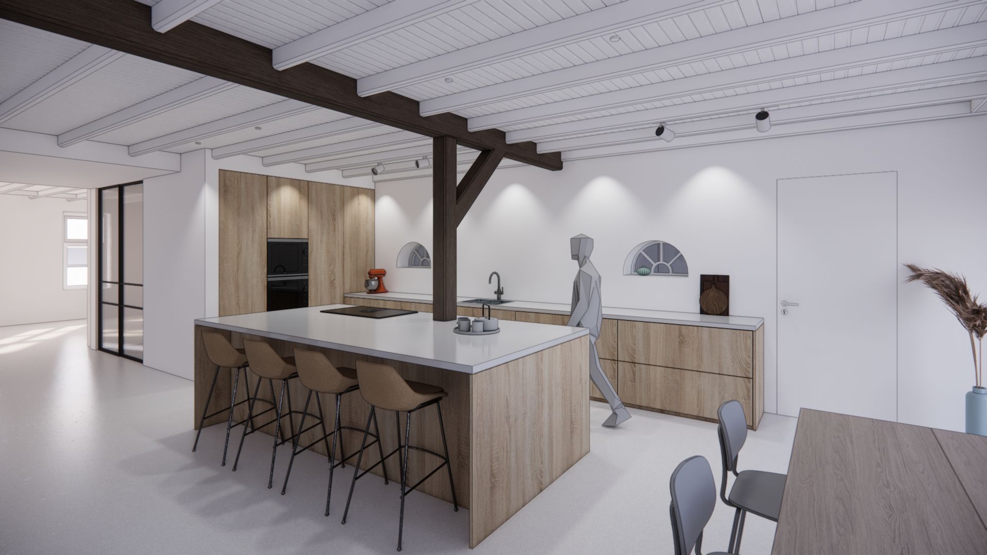 Aanbouw met houten frameconstructie met rieten dak, die toegang geeft tot een interieur met planten en zitgelegenheid.