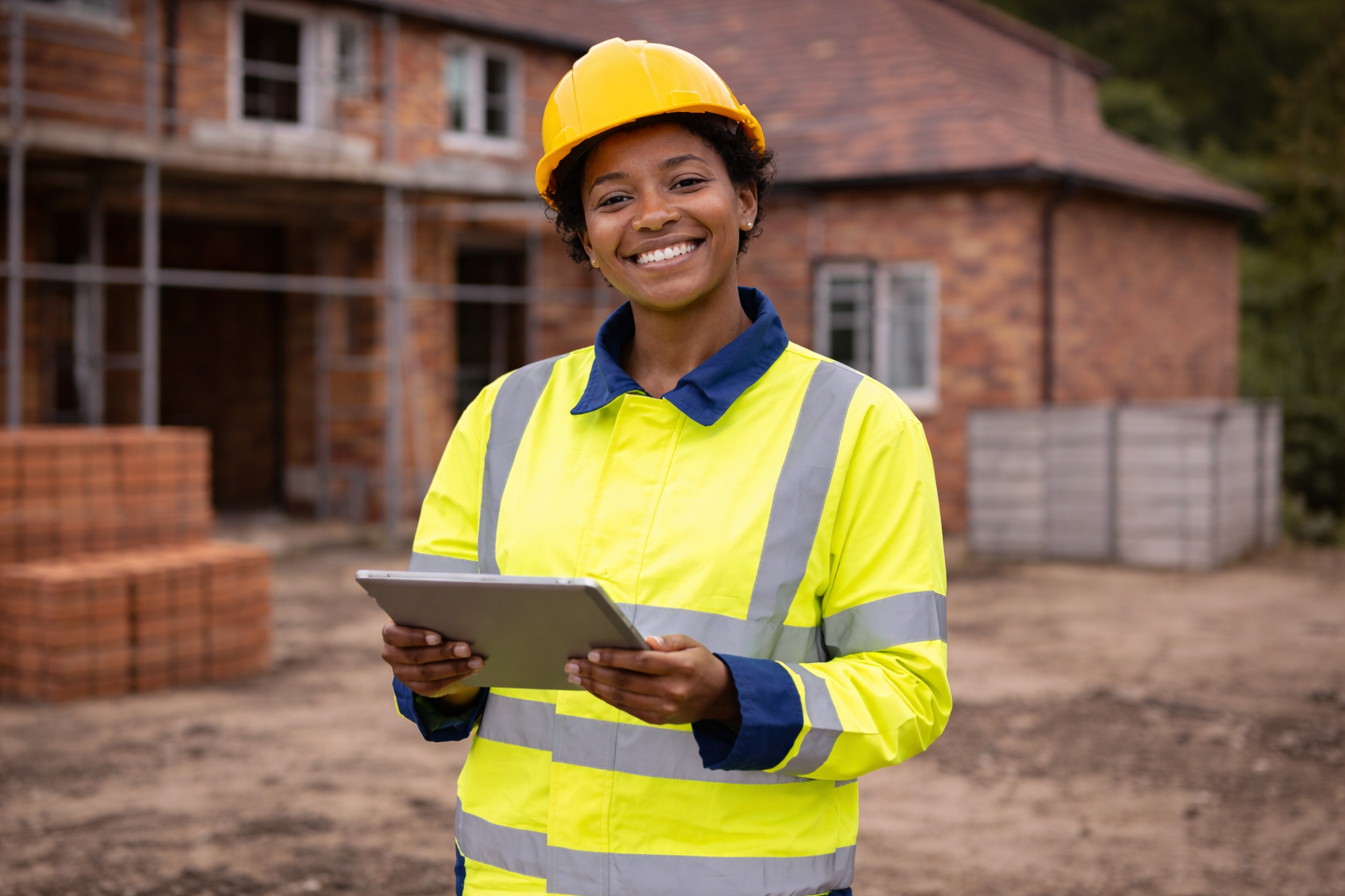Construction worker wearing a yellow hard hat and vest, holding a tablet, smiling at the camera in front of a house under construction.