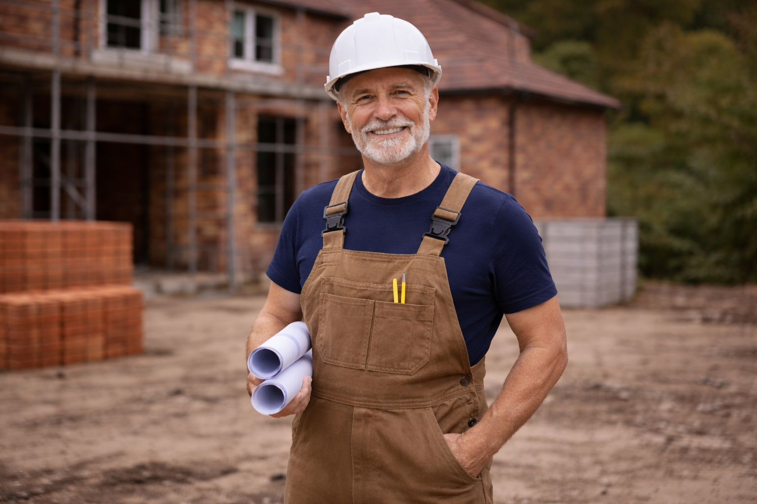Construction worker holding blueprints, standing in front of a partially built brick house.
