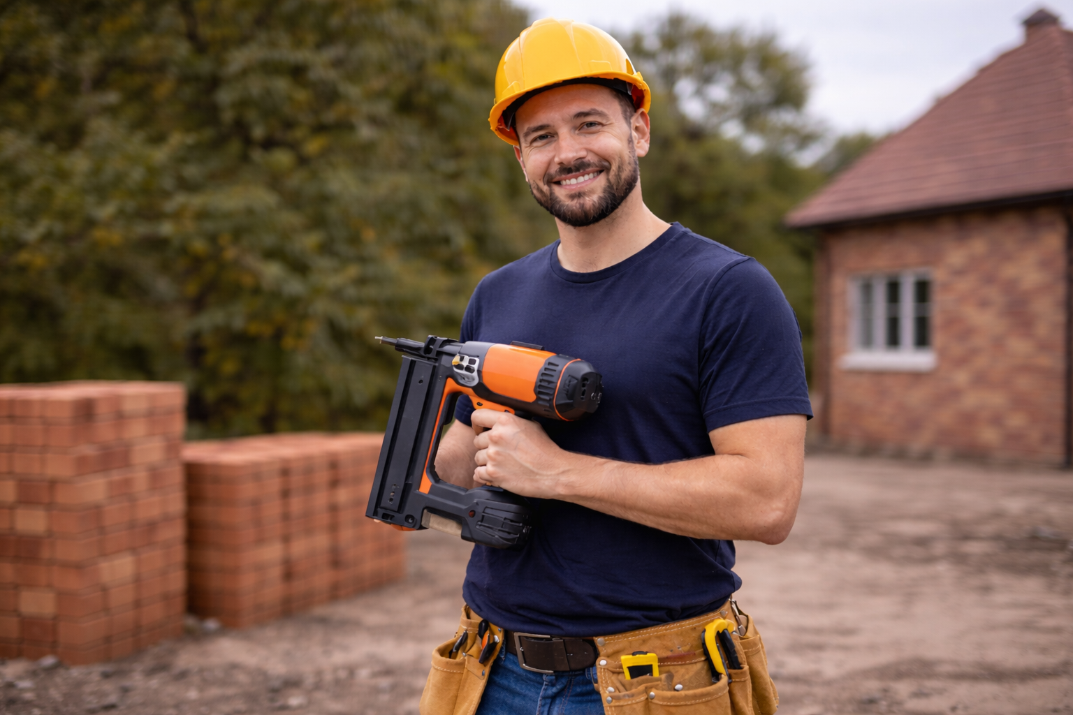 Construction worker in a yellow hard hat holding a nail gun, smiling in front of a house under construction.