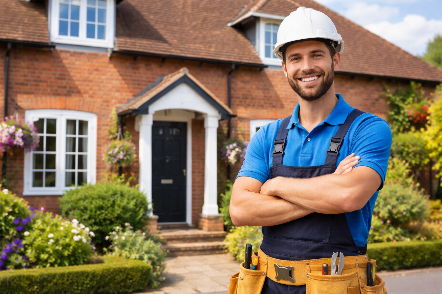 Smiling construction worker stands in front of a house, wearing a hard hat, tool belt, and blue overalls; arms crossed.
