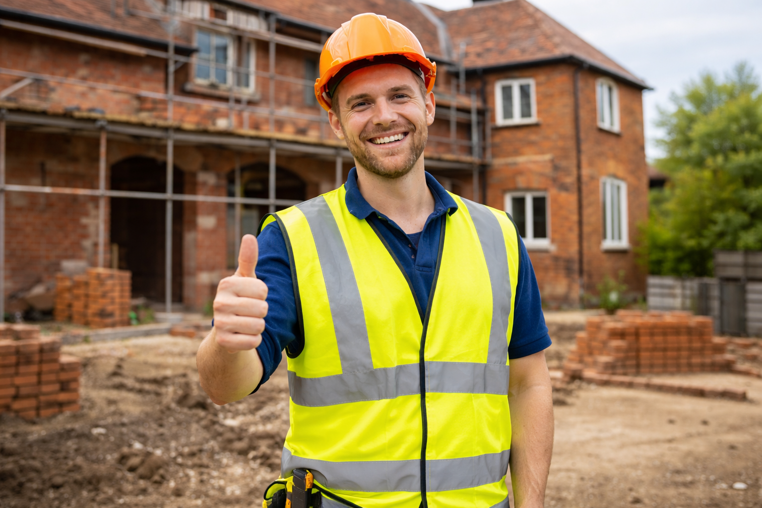 Construction worker in hard hat and safety vest gives a thumbs-up in front of a building under construction.