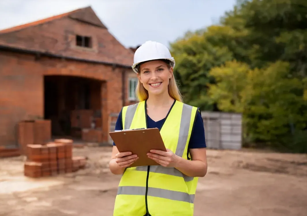 Construction worker in a safety vest and hard hat smiles, holding a clipboard in front of a brick building.
