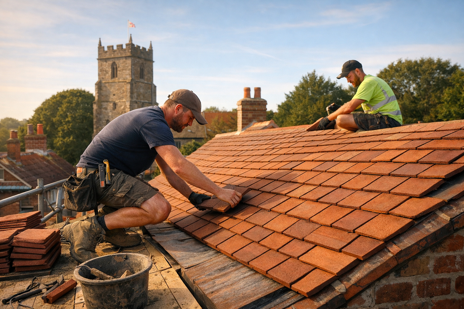 Two workers installing clay roof tiles on a sunny day with a church tower in the background.