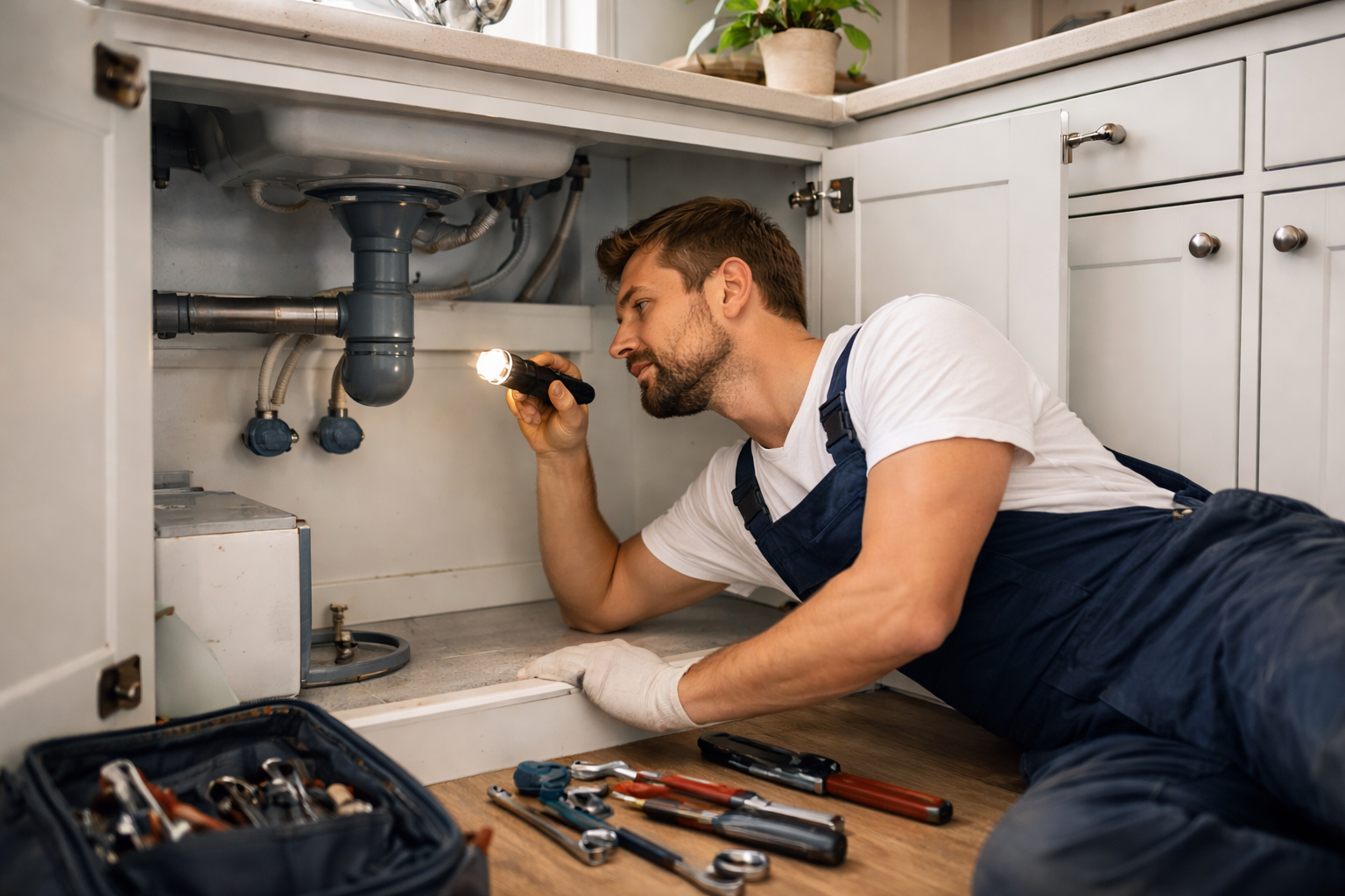 A plumber in blue overalls lies on the floor under a kitchen sink, shining a flashlight to inspect the pipes.