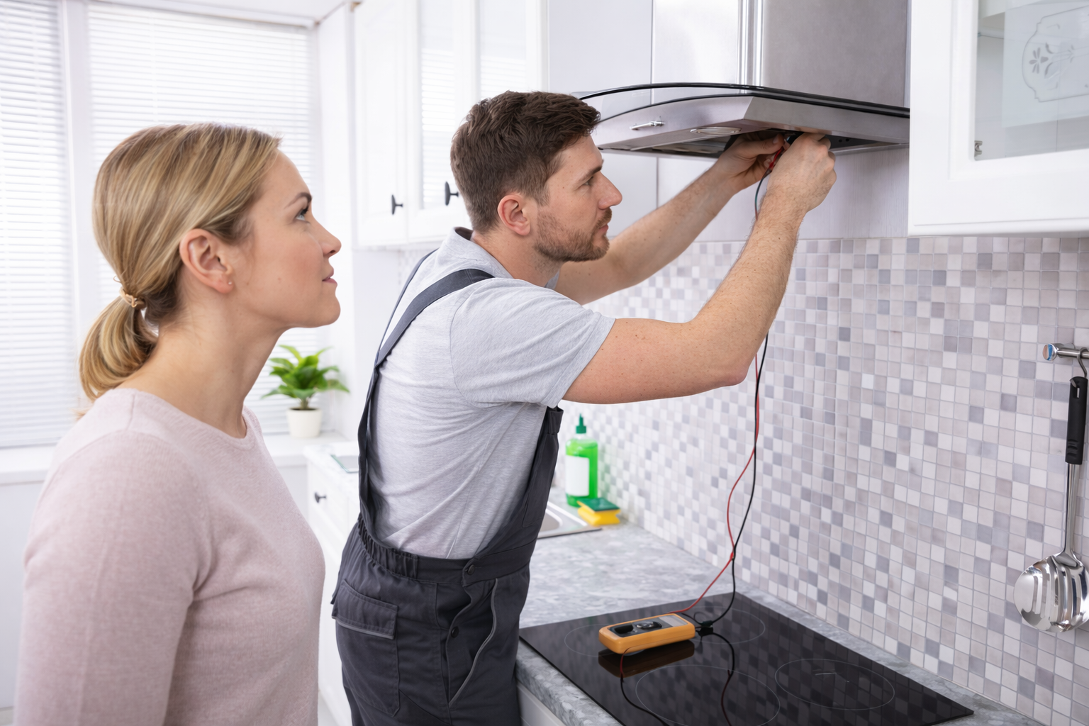 A professional in work coveralls uses a multimeter to test a kitchen range hood while a resident looks on.