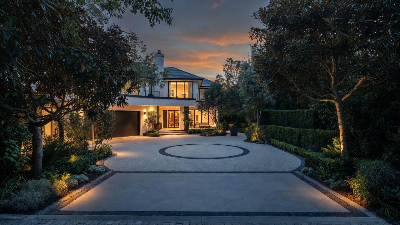 Upscale home at dusk, lit driveway and landscaping, two-story white exterior, warm interior lights, evening sky.