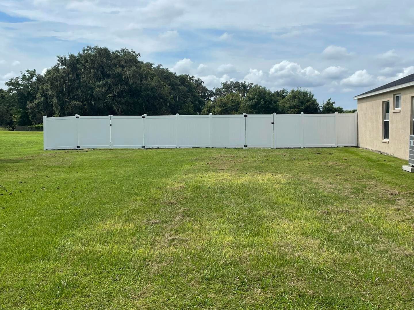 White fence in a grassy backyard. A house is to the right, trees and sky in the background.