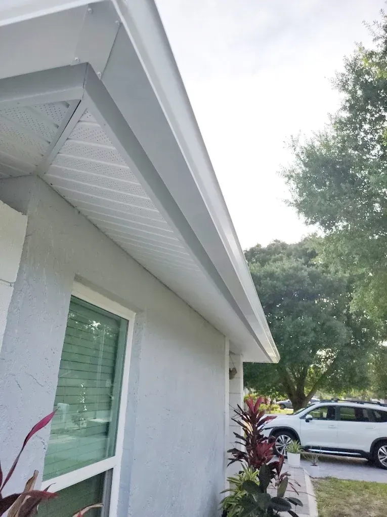 Exterior of a house with white gutters, light gray siding, and a green tree in the background.