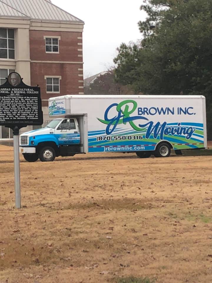 jr brown truck with graphics ready for residential move