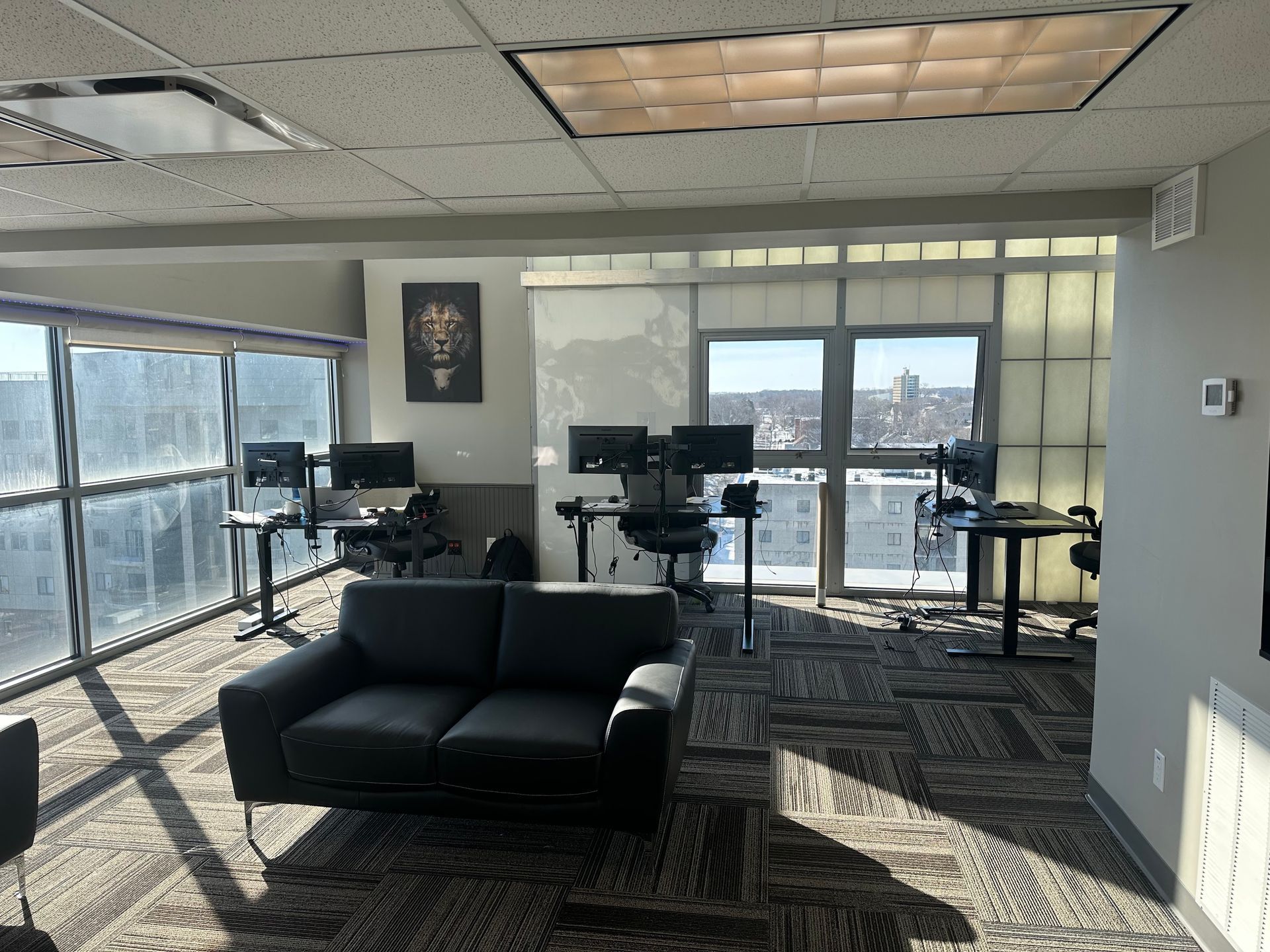 There is a couch in the middle of the room with a lot of windows.