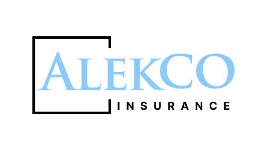 A blue and white logo for alekco insurance