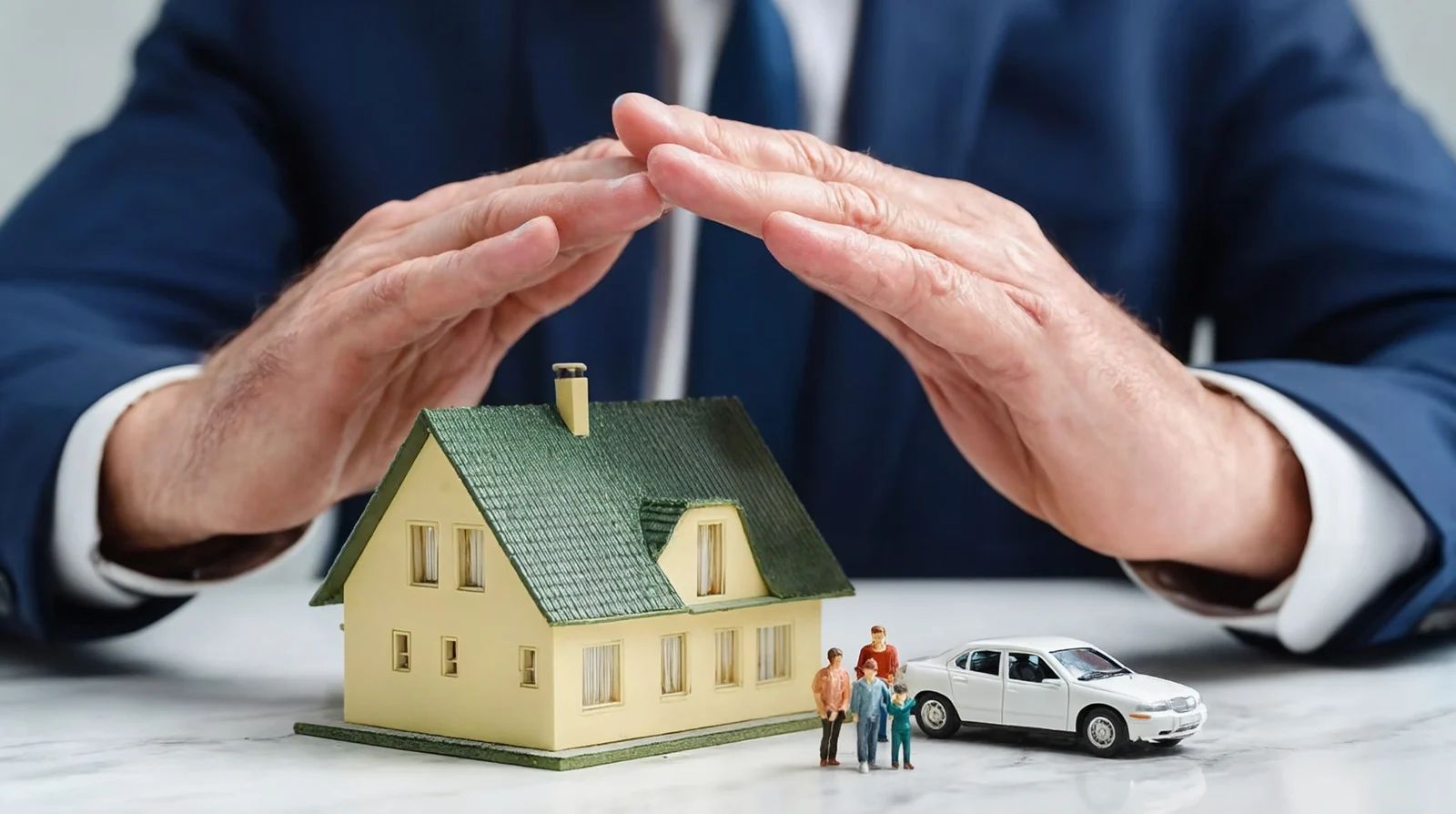 Hands over miniature house, family, and car, symbolizing protection.