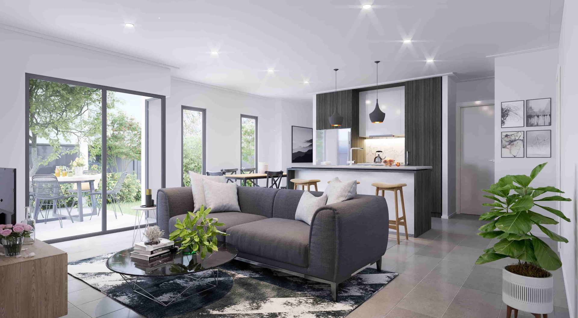 An Artist Impression Of A Living Room With A Couch And A Table — Harrison Development Group In Surfers Paradise, QLD