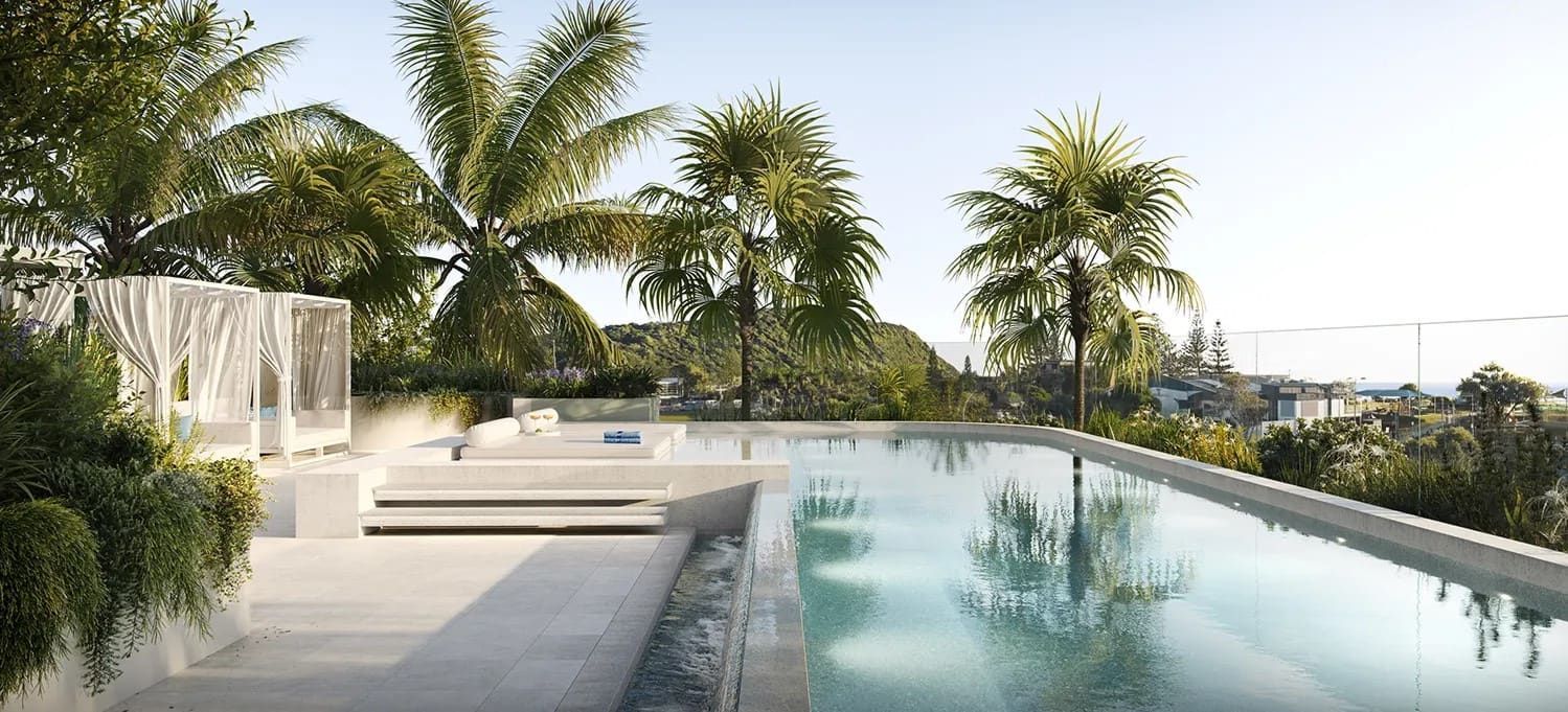 An Artist Impression Of A Swimming Pool Surrounded By Palm Trees — Harrison Development Group In Surfers Paradise, QLD